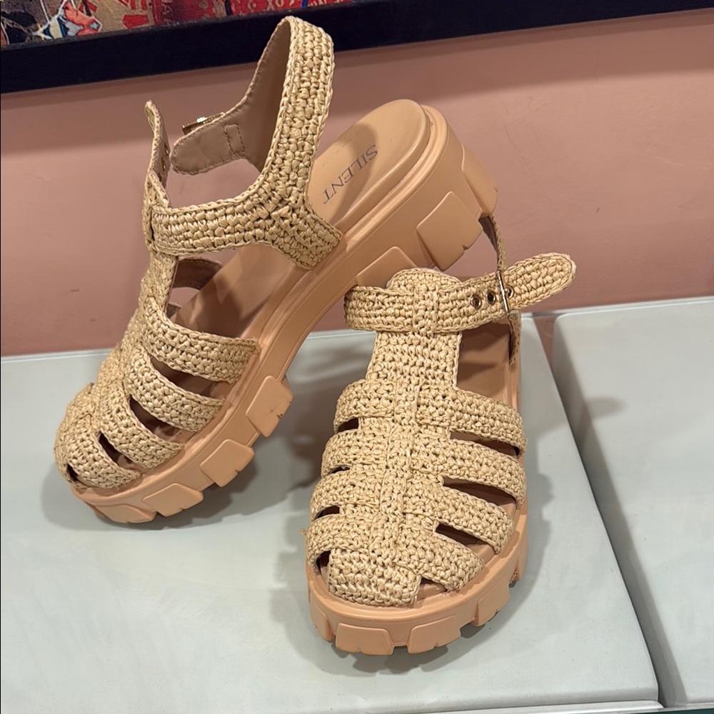 Anthropologie Tan Woven Platform Sandals